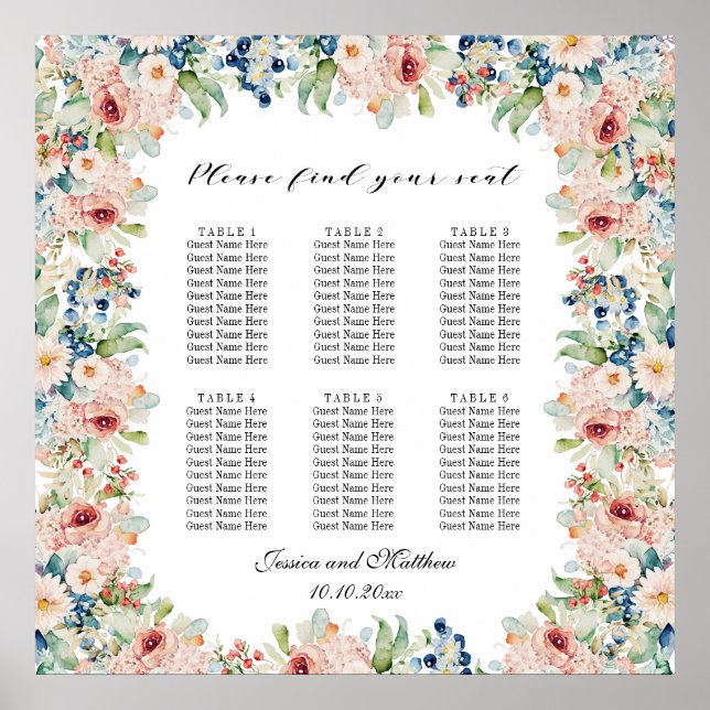 Póster Floral acuarela 6 mesas Boda asiento (Frente)
