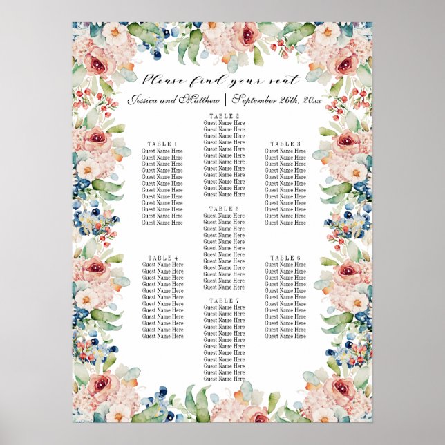 Póster Floral acuarela 7 mesas Boda asiento (Frente)