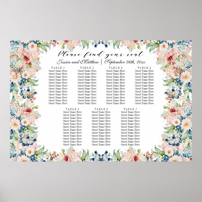 Póster Floral acuarela 7 mesas Boda asiento (Frente)