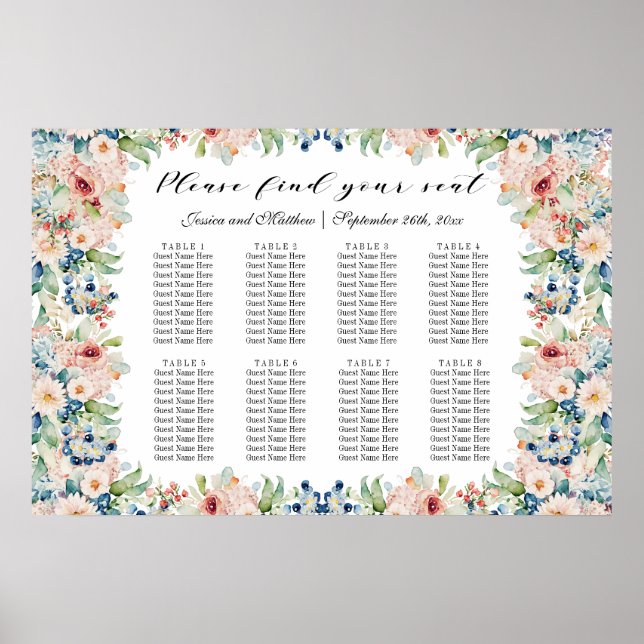 Póster Floral acuarela 8 mesas Boda asiento (Frente)