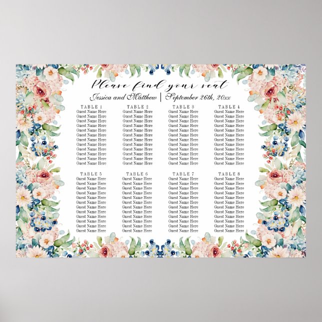 Póster Floral acuarela 8 mesas Boda asiento (Frente)