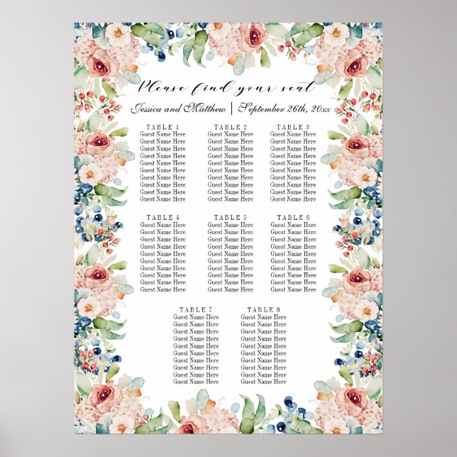 Póster Floral acuarela 8 mesas Boda asiento (Frente)