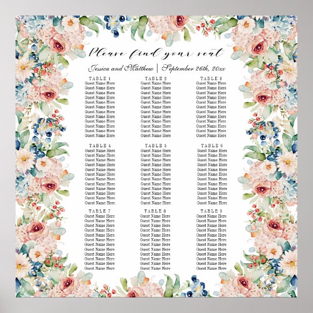Póster Floral acuarela 9 mesas Boda asiento (Frente)