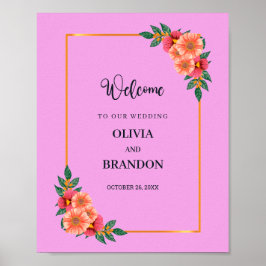 Póster Floral acuarela en el marco dorado bienvenida Boda