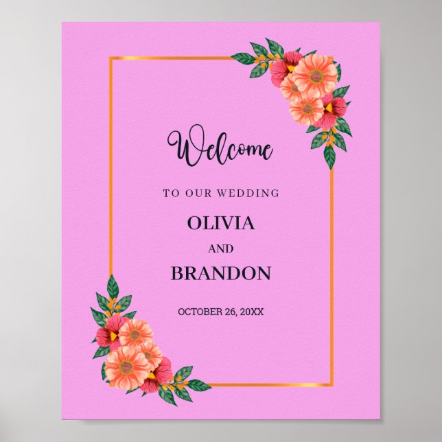 Póster Floral acuarela en el marco dorado bienvenida Boda (Frente)