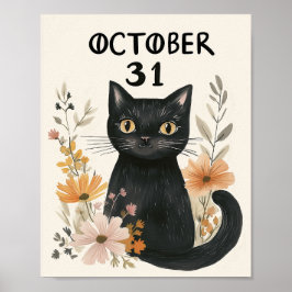 Póster Floral acuática de Halloween con gato negro lindo