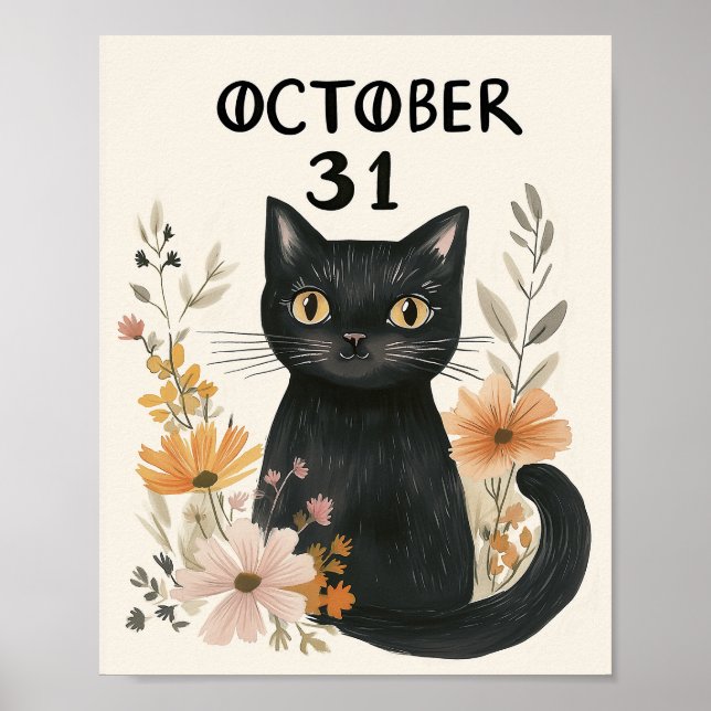 Póster Floral acuática de Halloween con gato negro lindo (Frente)