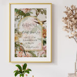 Póster Floral Agua Botánica Bienvenida Ducha Nupcial<br><div class="desc">Prepárate para una ducha de novias, pero puedes cambiar toda la información del evento para tu propia ocasión. Elegantes rosas botánicos vintage y peonías con hermosos pájaros caninos crean un exquisito diseño secreto de huerto de cabaña. Los ilustraciones antiguos pintados con acuarela y cortados se combinaron para crear este diseño...</div>