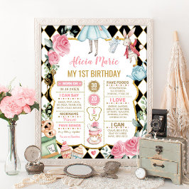 Póster Floral Alice en Wonderland 1er Cumpleaños Hito