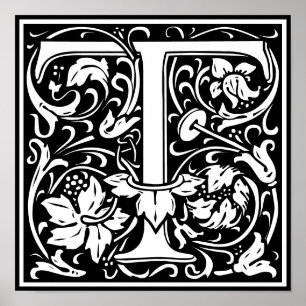 Póster Floral Alphabet Monogram Letter T 