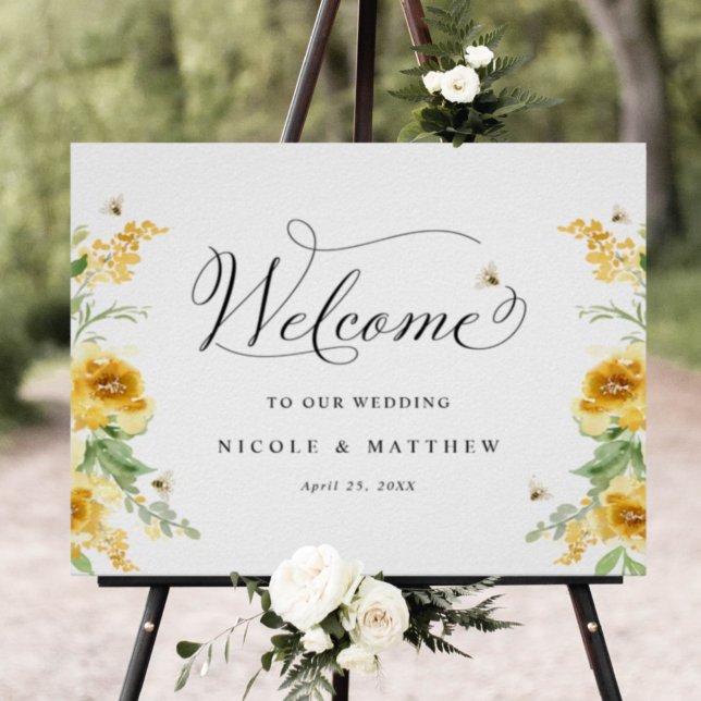 Póster Floral amarilla de moda con abejas, signo de bienv (Subido por el creador)