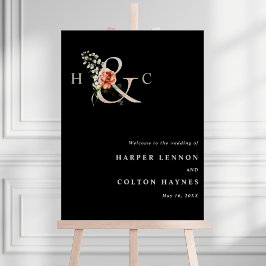 Póster Floral Ampersand Boda Bienvenida Rótulo negro