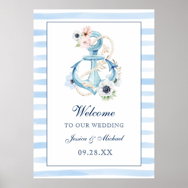 Póster Floral Anchor Blue Stripes Beach Wedding Welcome (Frente)