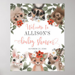 Póster Floral Animales de Woodland bebé signo de bienveni