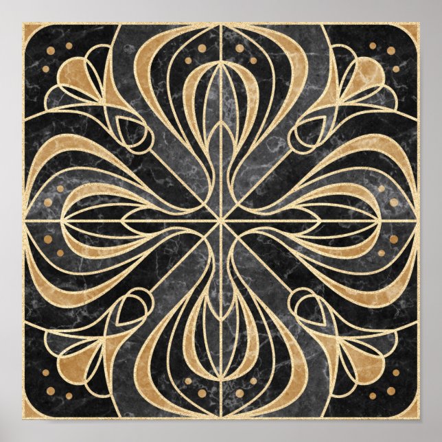 Póster Floral Art Decó. Oro y mármol (Frente)