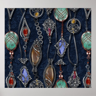 Póster Floral Art Nouveau: Denim Elegance.