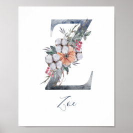 Póster Floral azul acuarela Monograma Z Poster de apellid