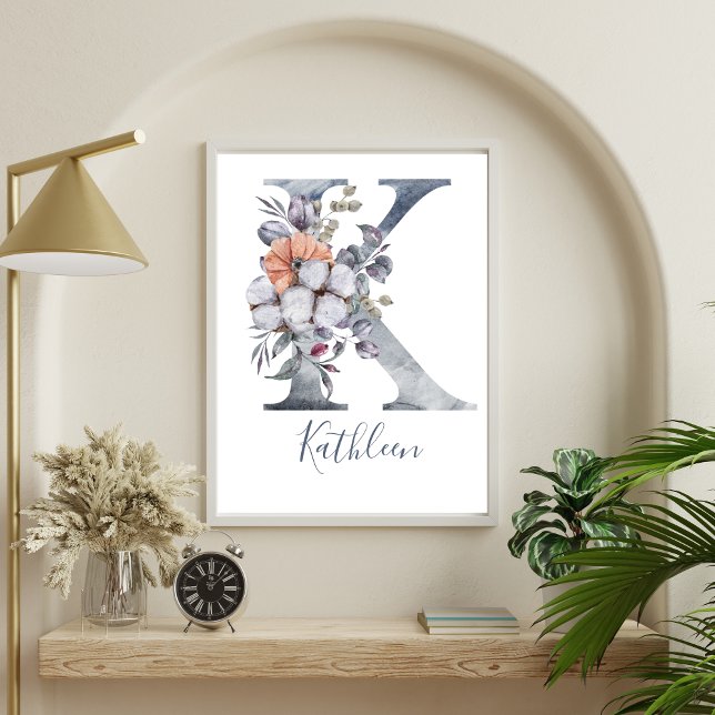 Póster Floral azul acuática Monograma K Nombre (Monogram K Blue Floral Watercolor Wall Art. Printed or Digital.)