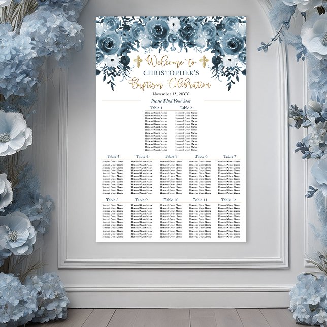 Póster Floral azul acuático | Faux Gold Boy Baptism (Blue Watercolor Floral Faux Gold Boy Baptism Poster Seating Chart)