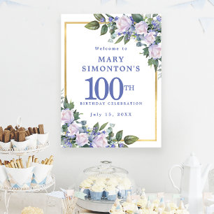 Póster Floral azul blanco 100 cumpleaños descargable