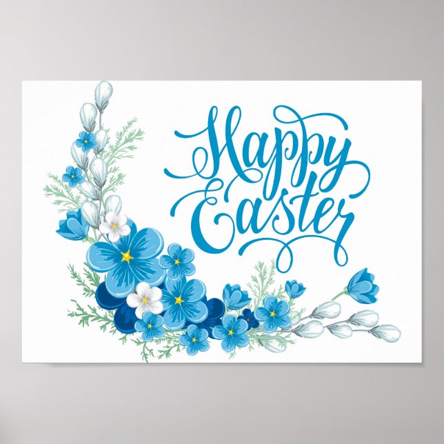 Póster Floral azul Feliz Pascua poster
