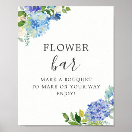 Póster Floral azul Hydrangea Flor Bar Rótulo Pedestal
