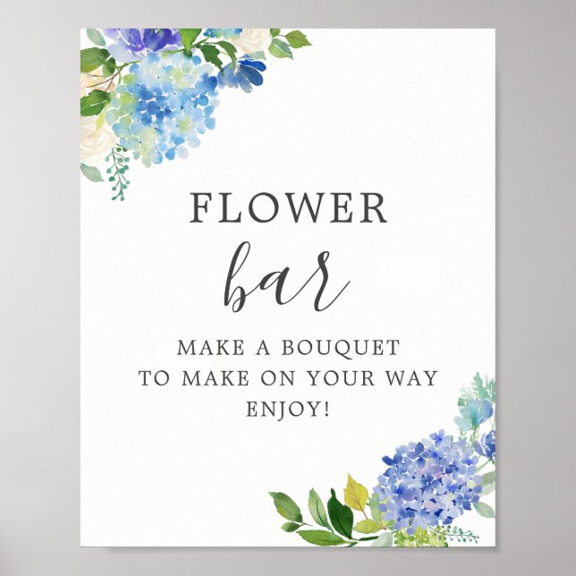 Póster Floral azul Hydrangea Flor Bar Rótulo Pedestal (Frente)