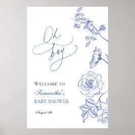 Póster Floral azul Oh Boy Bienvenida Baby Shower