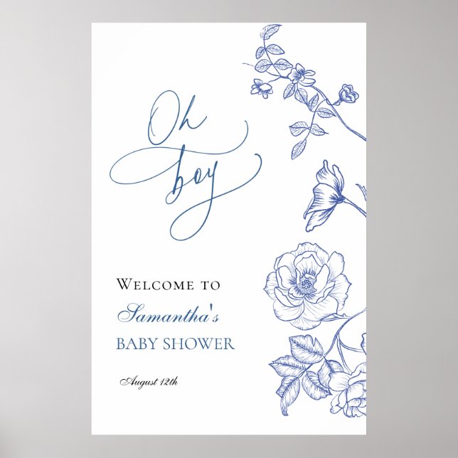 Póster Floral azul Oh Boy Bienvenida Baby Shower (Frente)