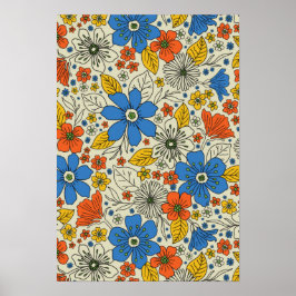 Póster Floral azul retro, amarillo y Naranja