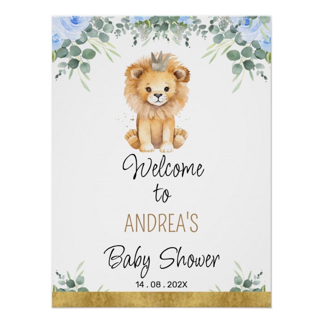 Póster Floral azul Un pequeño Rey León Bienvenida Baby Sh (Anverso)