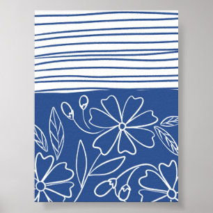 Póster Floral azul y a rayas - Boho botánico moderno