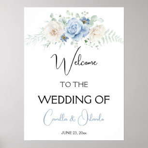 Póster Floral azul y blanca bienvenida a nuestro Boda