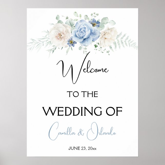 Póster Floral azul y blanca bienvenida a nuestro Boda (Frente)