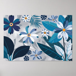 Póster Floral azul y blanca moderna con hojas geométricas