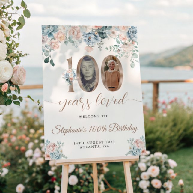 Póster Floral azul y rosa foto 100 cumpleaños bienvenida (Subido por el creador)