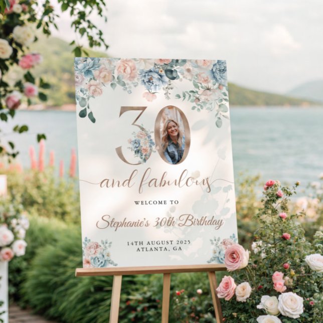 Póster Floral azul y rosa foto bienvenida a los 30 años (Subido por el creador)