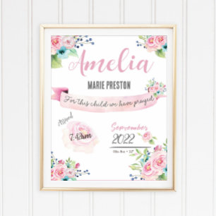 Póster Floral Baby Girl Watercolor Birth Statistics Pink