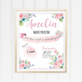 Póster Floral Baby Girl Watercolor Birth Statistics Pink