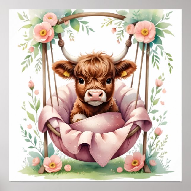 Póster Floral Baby Highland Cow Nursery Print (Frente)