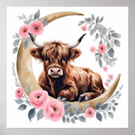 Póster Floral Baby Highland Cow Nursery Print