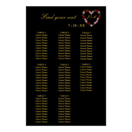 Póster  Floral Black Heart Wedding Seating Plan 8 Tables