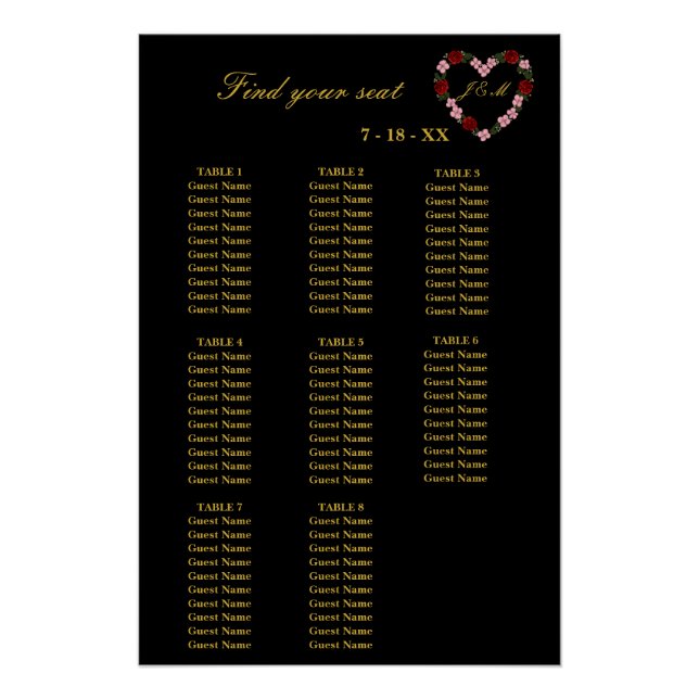 Póster  Floral Black Heart Wedding Seating Plan 8 Tables (Anverso)