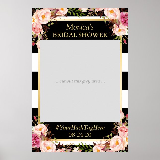 Póster Floral Black White Gold Bridal Shower Photo Prop (Frente)