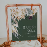 Póster Floral blanca | Rótulo del Libro Verde Oscuro<br><div class="desc">Diseñamos esta Floral blanca | Rótulo de Libro Verde Oscuro para completar su boda tropical oscuro y rústico. Con su vegetación bohemia acuática y sus modernas flores bohemias de invierno, como protea, dahlia y loto seco, el diseño seguro que desprenderá su temática verde y blanca minimalista. Cambie el texto y...</div>