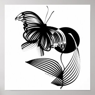 Póster Floral blanca y negra con mariposa