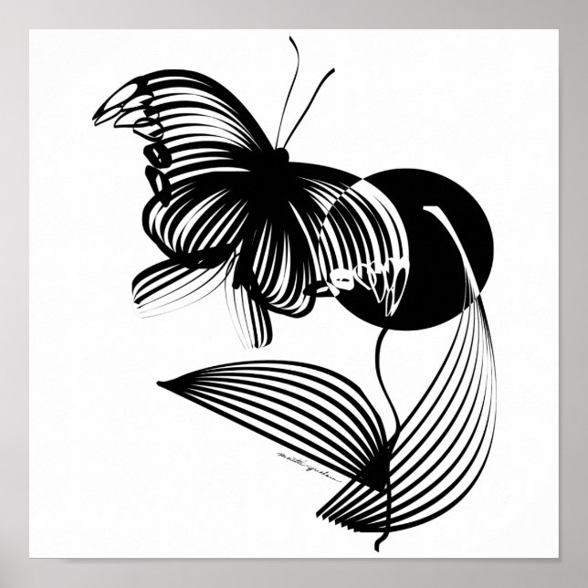 Póster Floral blanca y negra con mariposa (Frente)