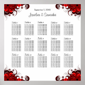 Póster Floral blanca y roja 15 mesas Bodas