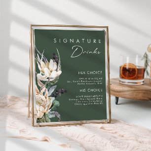 Póster Floral Blanco   Bebidas Destacadas Verde Oscuro