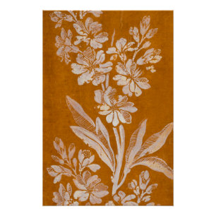 Póster floral blanco botánico vintage sobre marrón